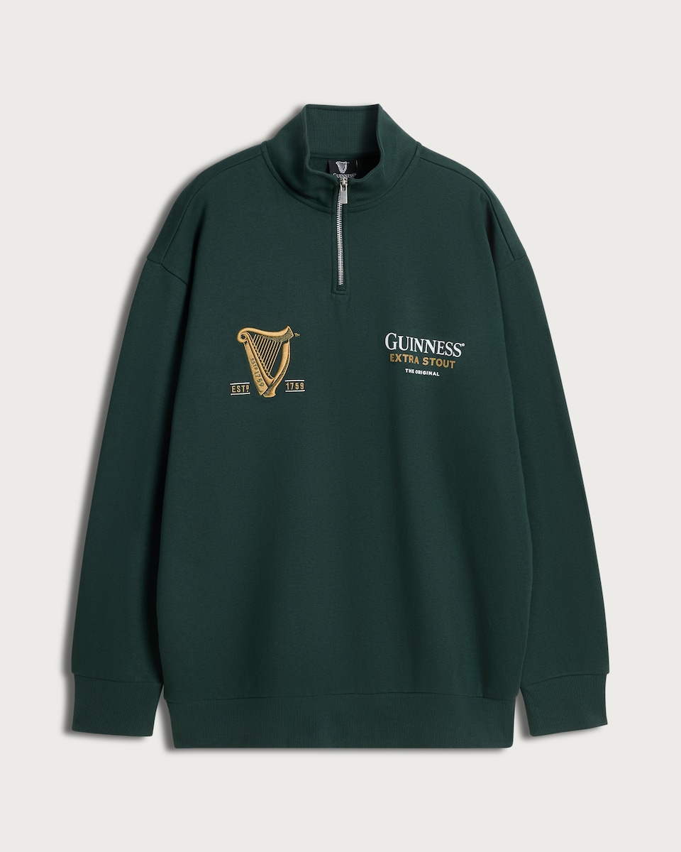 image 1 of Guinness Extra Stout Cotton Rich Embroidered Half Zip Sweatshirt in Green