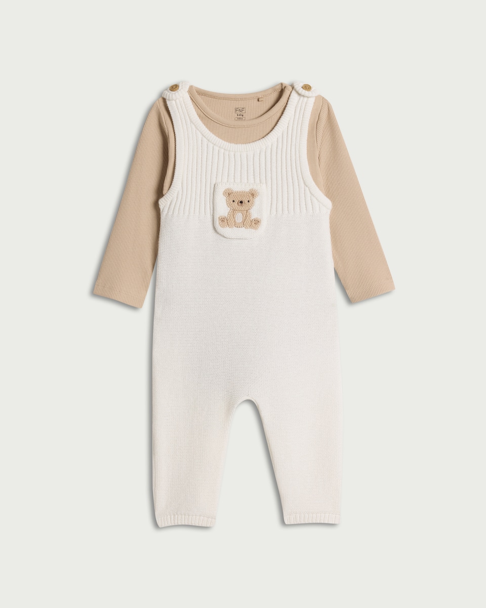 image 1 of F&F Baby 2-Piece Knitted Teddy Bear Dungaree and Bodysuit Set in White