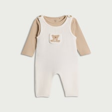 F&F Baby 2-Piece Knitted Teddy Bear Dungaree and Bodysuit Set in White