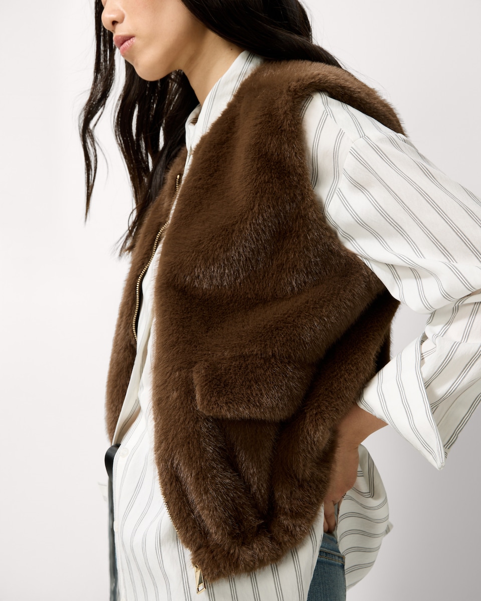 image 1 of F&F Faux Fur Zip Up Gilet in Brown