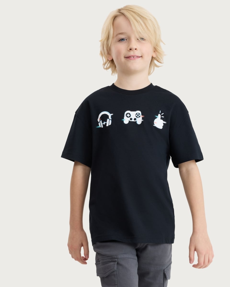 image 1 of F&F Boys Pure Cotton Printed Oversized Fit T-Shirt in Black