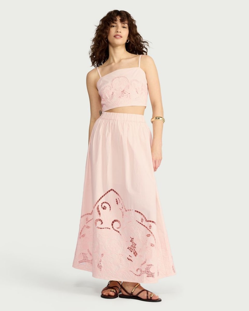 image 1 of F&F Pure Cotton Cutwork Co-ord Midi Skirt in Pink