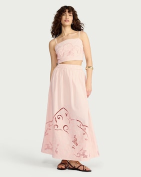 F&F Pure Cotton Cutwork Co-ord Midi Skirt in Pink