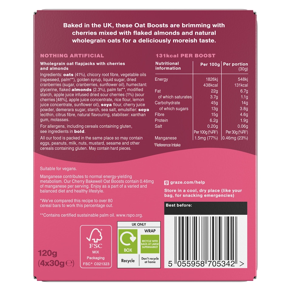 image 1 of Graze Cherry Bakewell Oat Boosts Flapjack Snack 4x30G