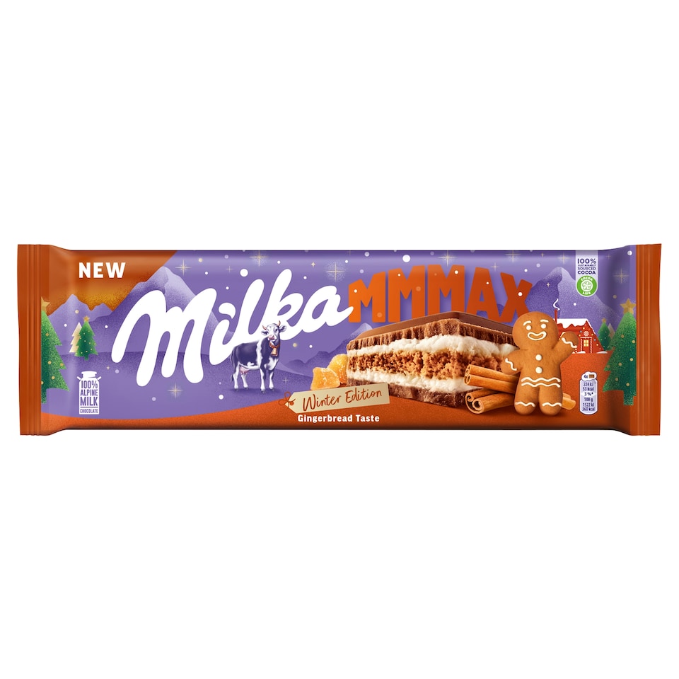 Milka perníčková, kořeněná sušenka a náplň s vanilkovou příchutí, mléčná čokoláda 300g