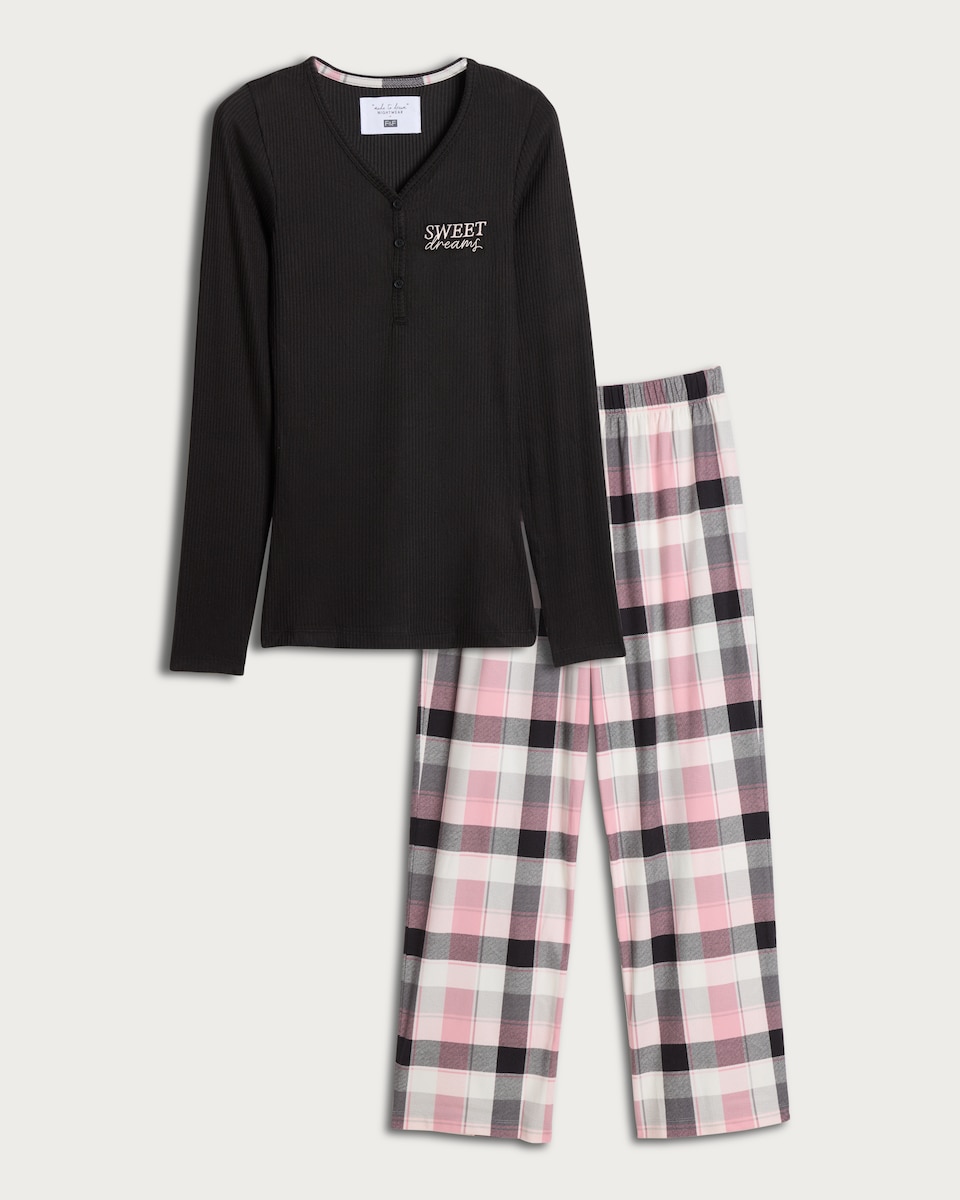 image 1 of F&F Ribbed Sweet Dreams Top and Trousers Pyjamas in Multi Black