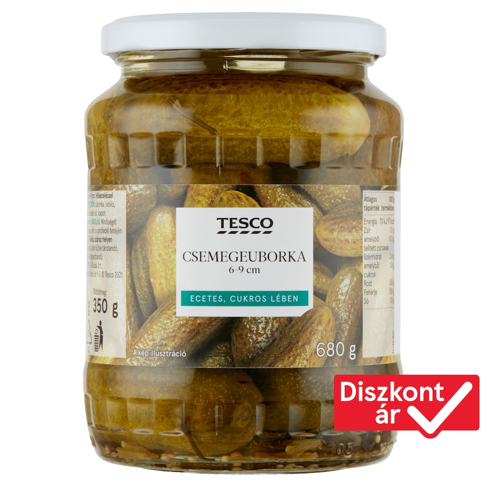 Tesco csemegeuborka ecetes, cukros lében 6-9 cm 680 g