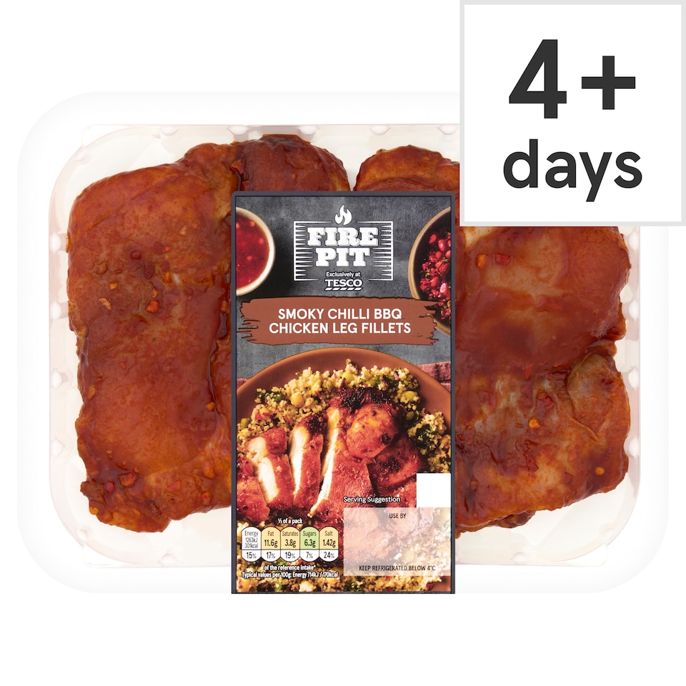Tesco Fire Pit Smoky Chilli BBQ Chicken Leg Fillets 415g.