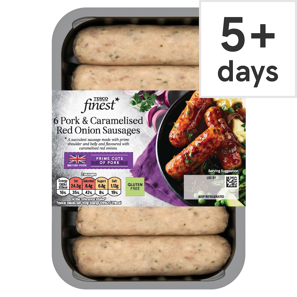 Tesco Finest 6 British Pork & Caramelised Onion Sausages 400G