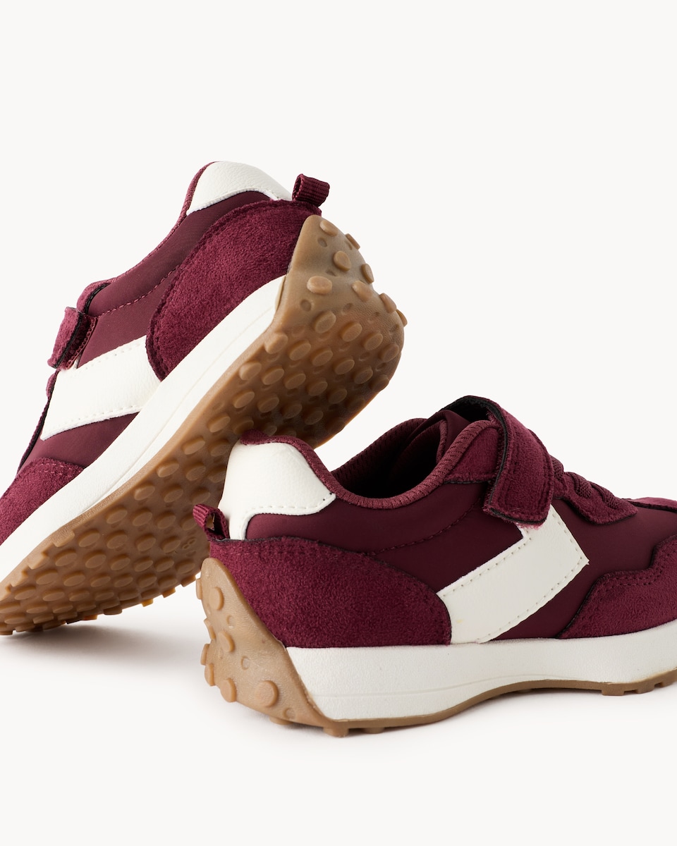 image 1 of F&F Girls Faux Suede Panelled Trainers in Burgundy