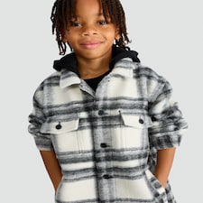 F&F Boys Brushed Check Print Hooded Shacket in Grey