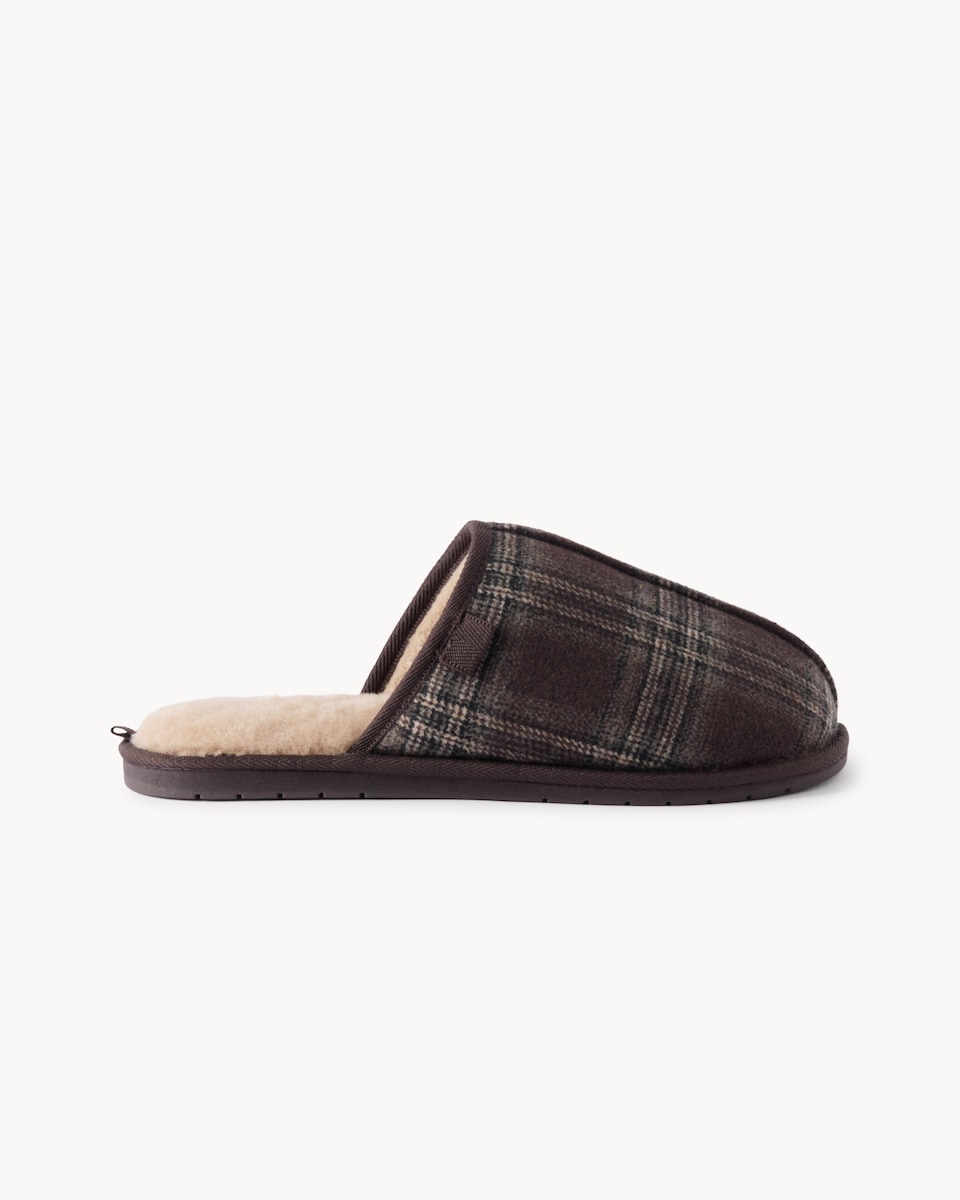 image 1 of F&F Faux Fur Lined Checked Mule Slippers in Brown