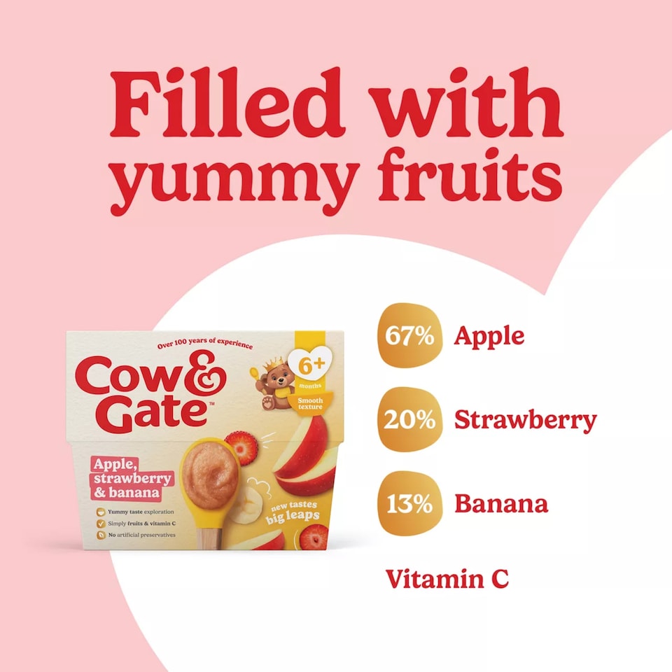 image 1 of Cow & Gate Pots Apple Strawberry Banana 4x100g