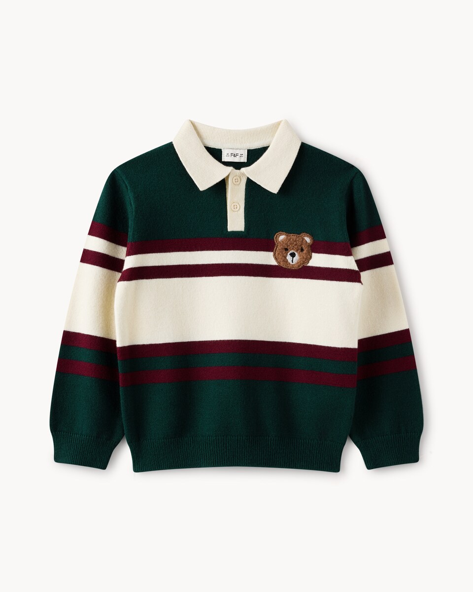 image 1 of F&F Boys Striped Teddy Rugby Jumper in Green