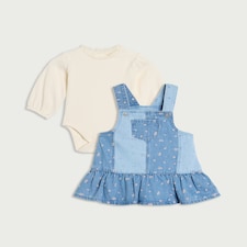F&F Baby 2-Piece Floral Denim Pinny and Bodysuit Set in Blue