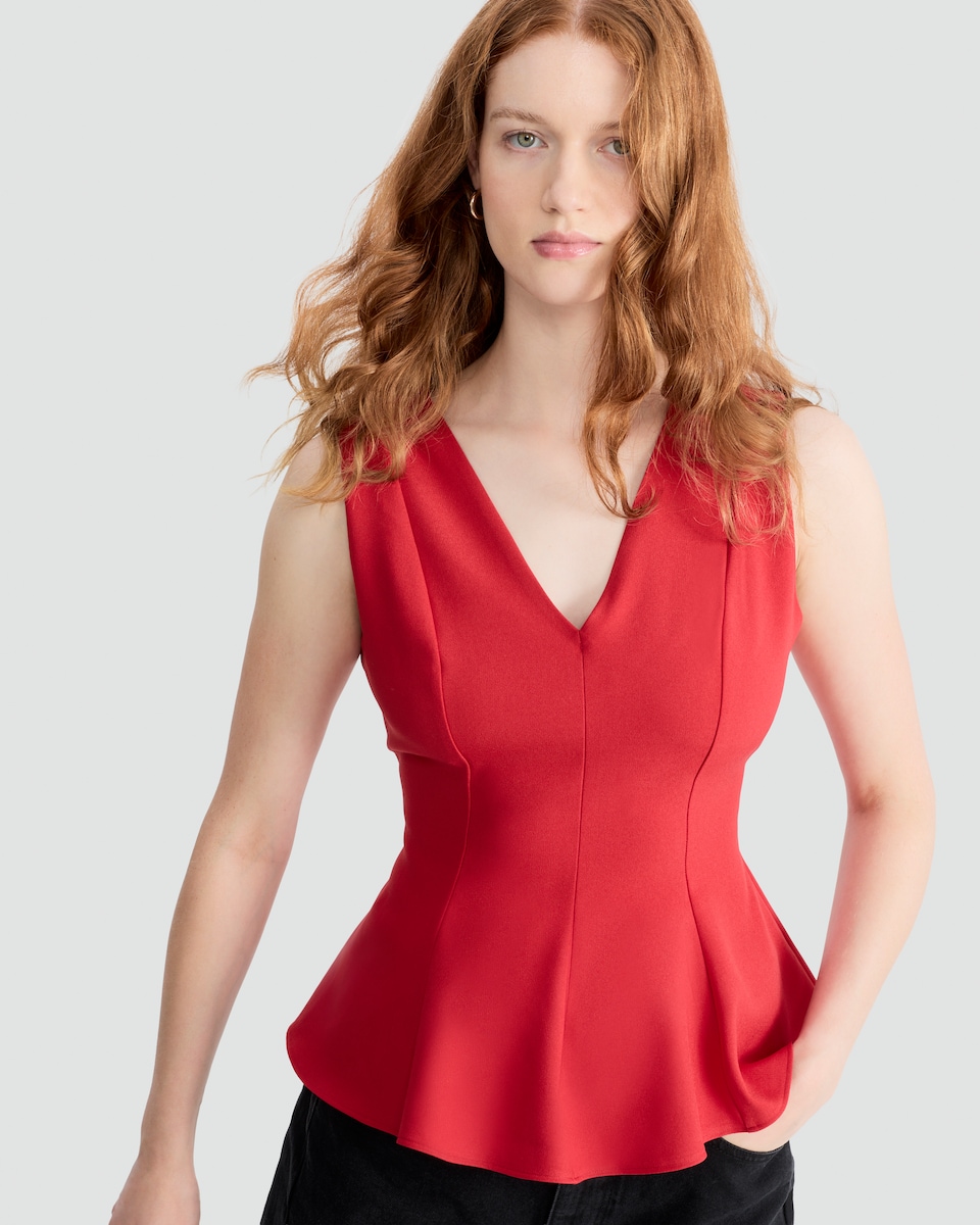 image 1 of F&F V Neck Peplum Hem Top in Red