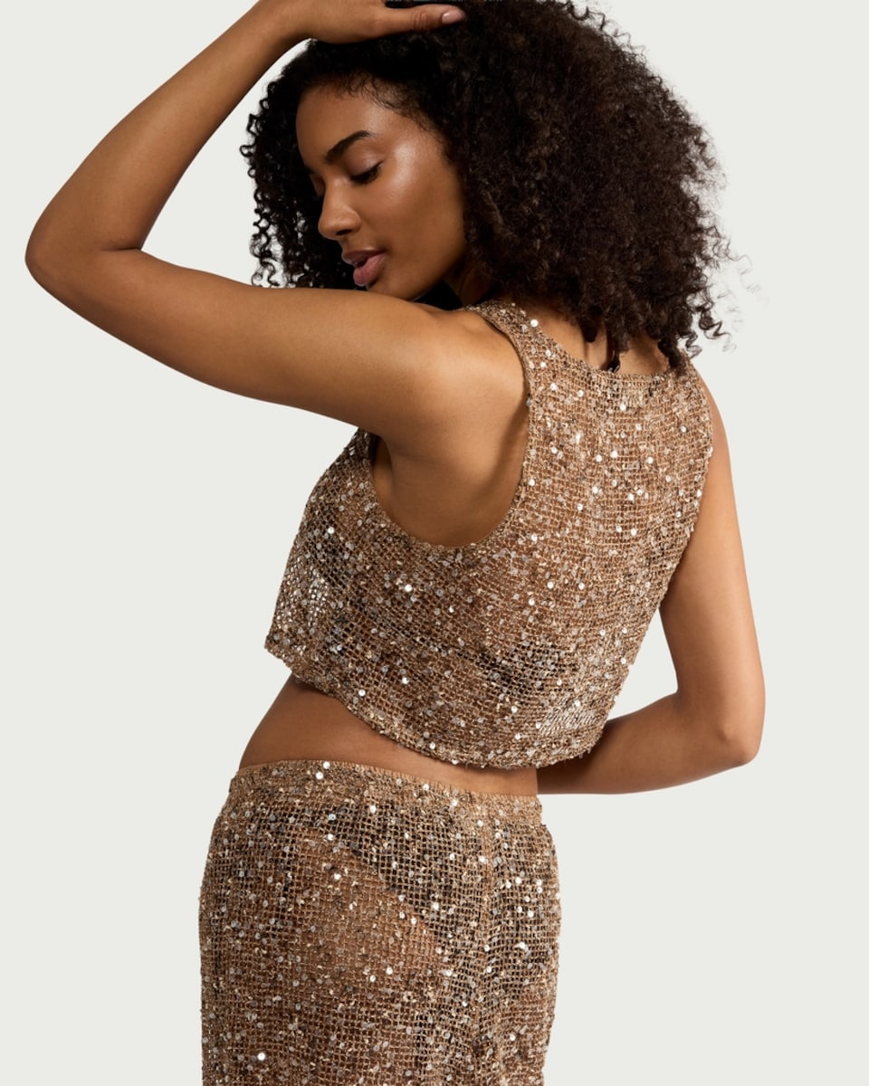 image 1 of F&F Sequin Tie-Front Sleeveless Co-ord Beach Blouse in Chocolate