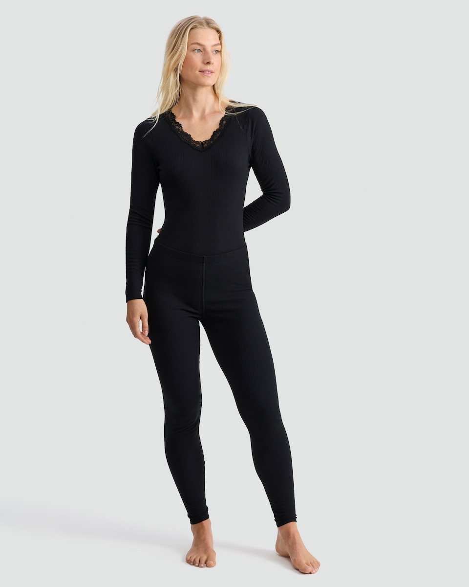 image 1 of F&F Ribbed Soft Touch Thermal Leggings in Black