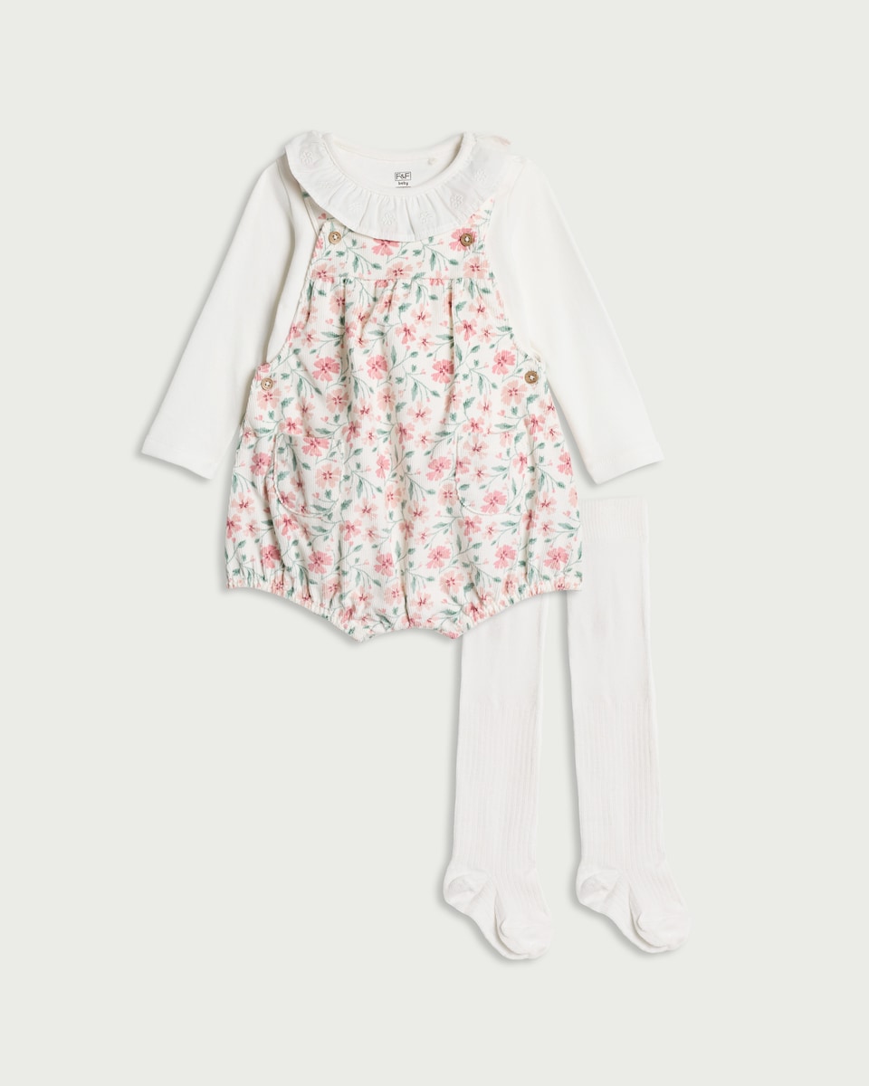 image 1 of F&F Baby 3-Piece Floral Corduroy Romper, Bodysuit and Tight Set in Multi