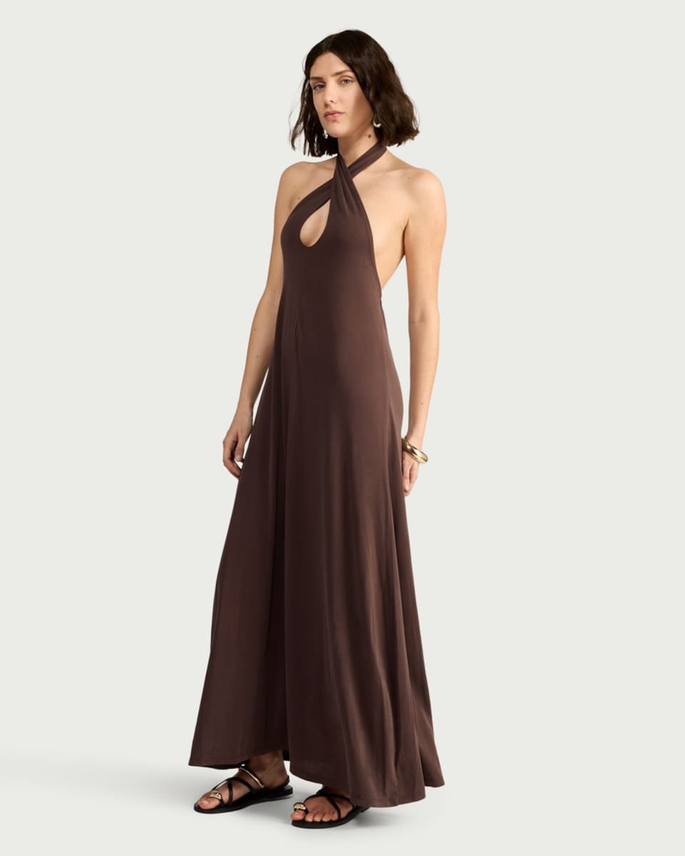 image 1 of F&F Draped Halterneck Maxi Dress in Mink