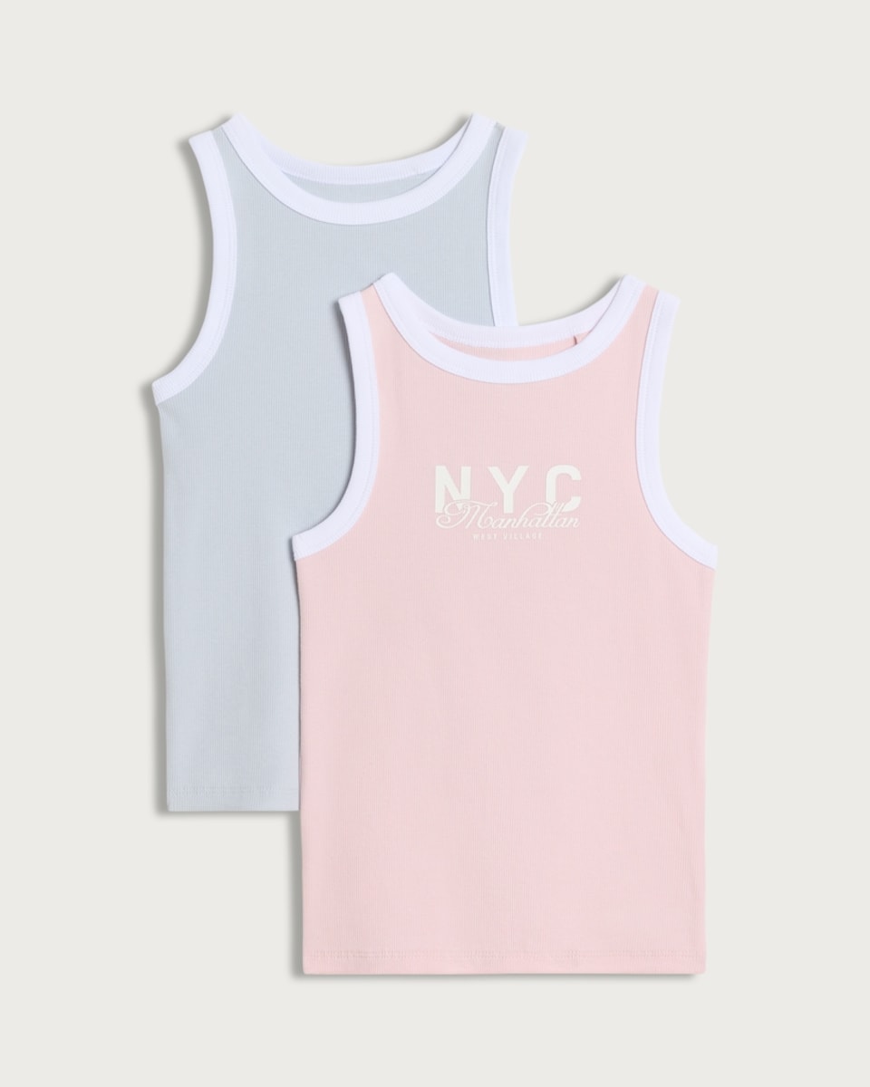 image 1 of F&F Girls 2-Pack Cotton Rich Ribbed Vests in Multi Pink