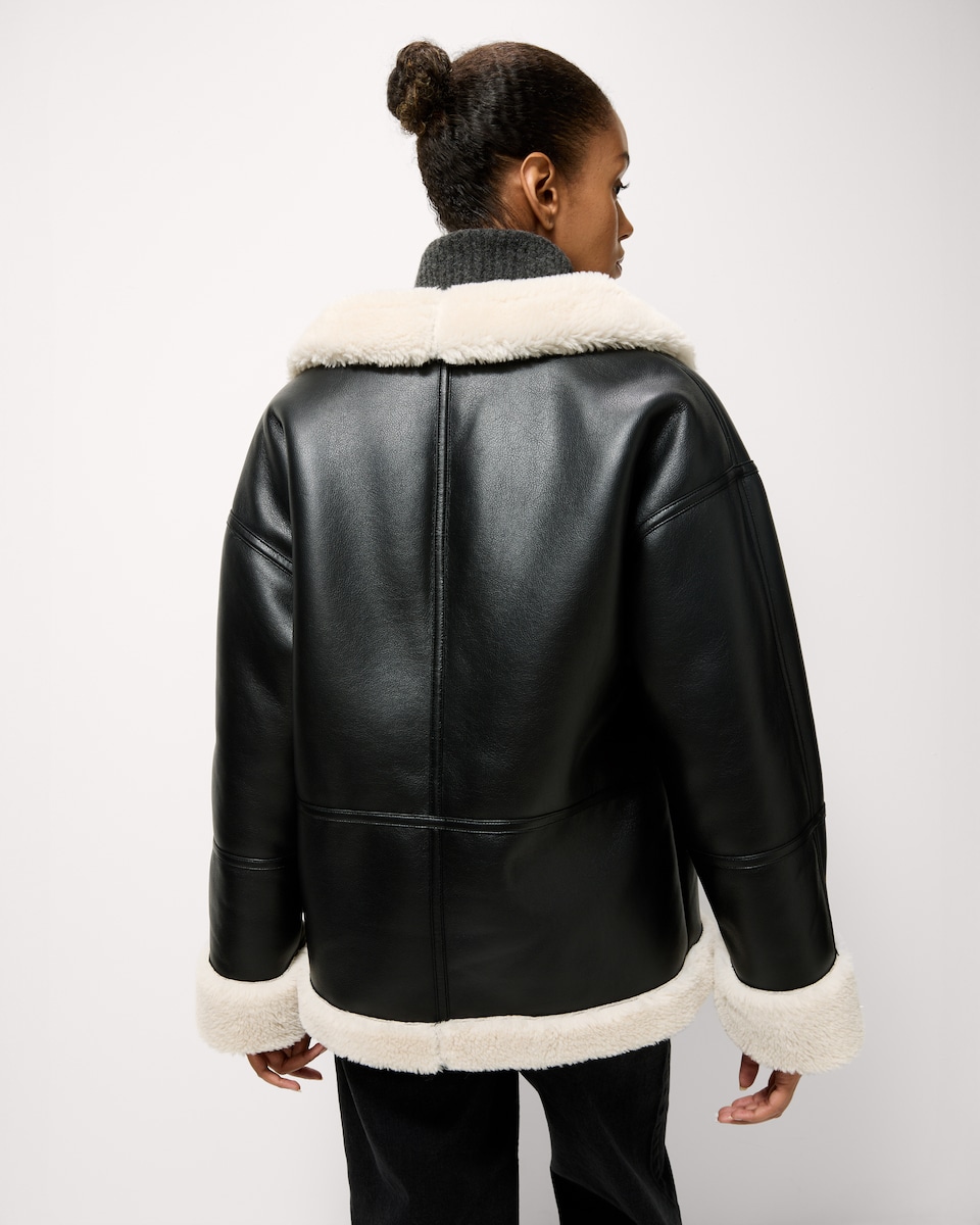 image 1 of F&F Faux Leather Shearling Jacket in Black