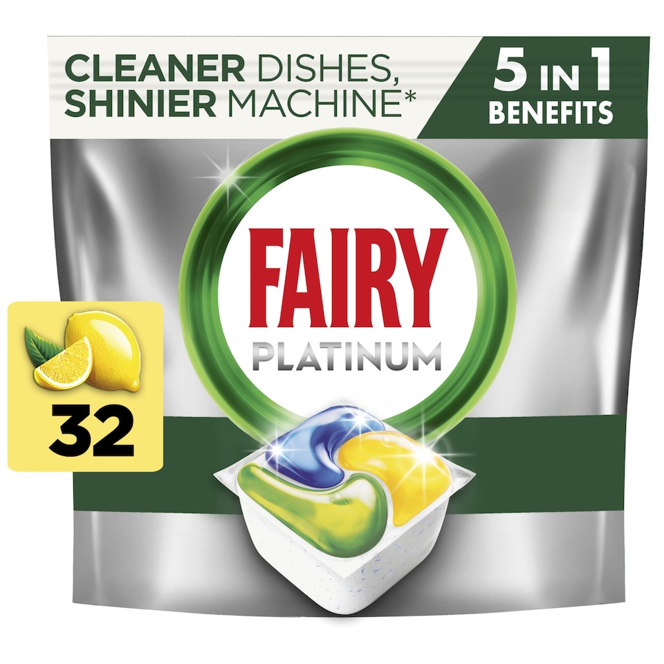 image 1 of Fairy Platinum All in One Dishwasher Tablets - Lemon 32 Pack 477g
