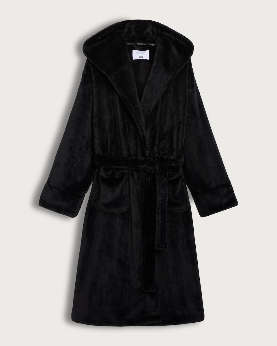 F&F Fleece Hooded Dressing Gown in Black