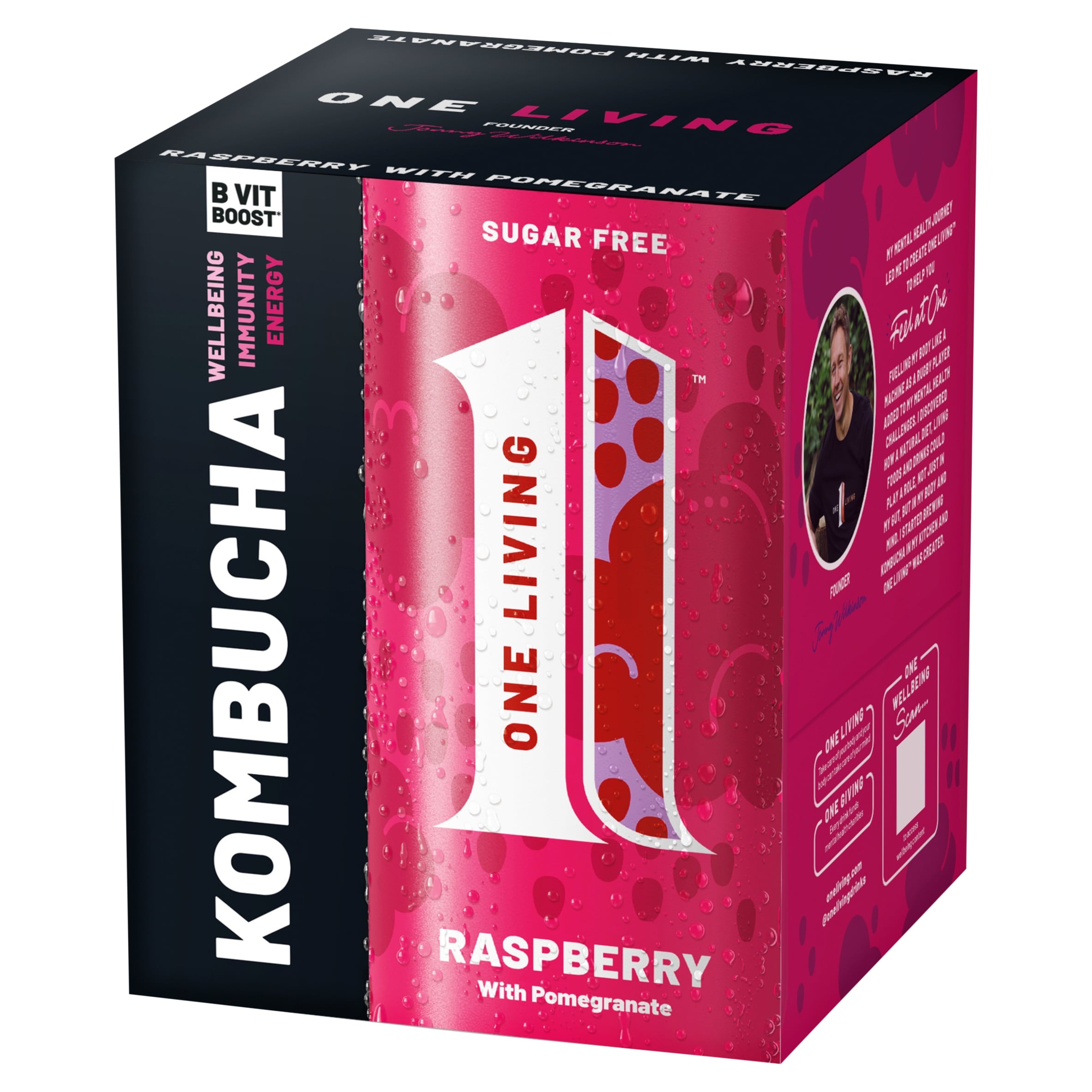One Living Raspberry with Pomegranate Kombucha Sugar Free 4x250ml