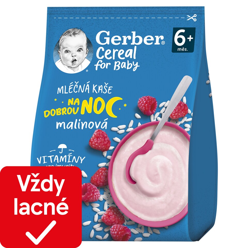 obrázok 1 z GERBER Cereal mliečna kaša malinová Dobrú noc 230 g