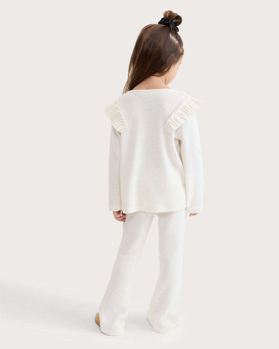 image 1 of F&F Girls 2-Piece Textured Ruffle Top and Flared Leggings Set in Cream