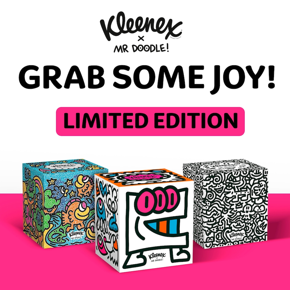 image 1 of Kleenex Tissues Mr Doodle Design Cube Limited Edition – 48 Tissues per box