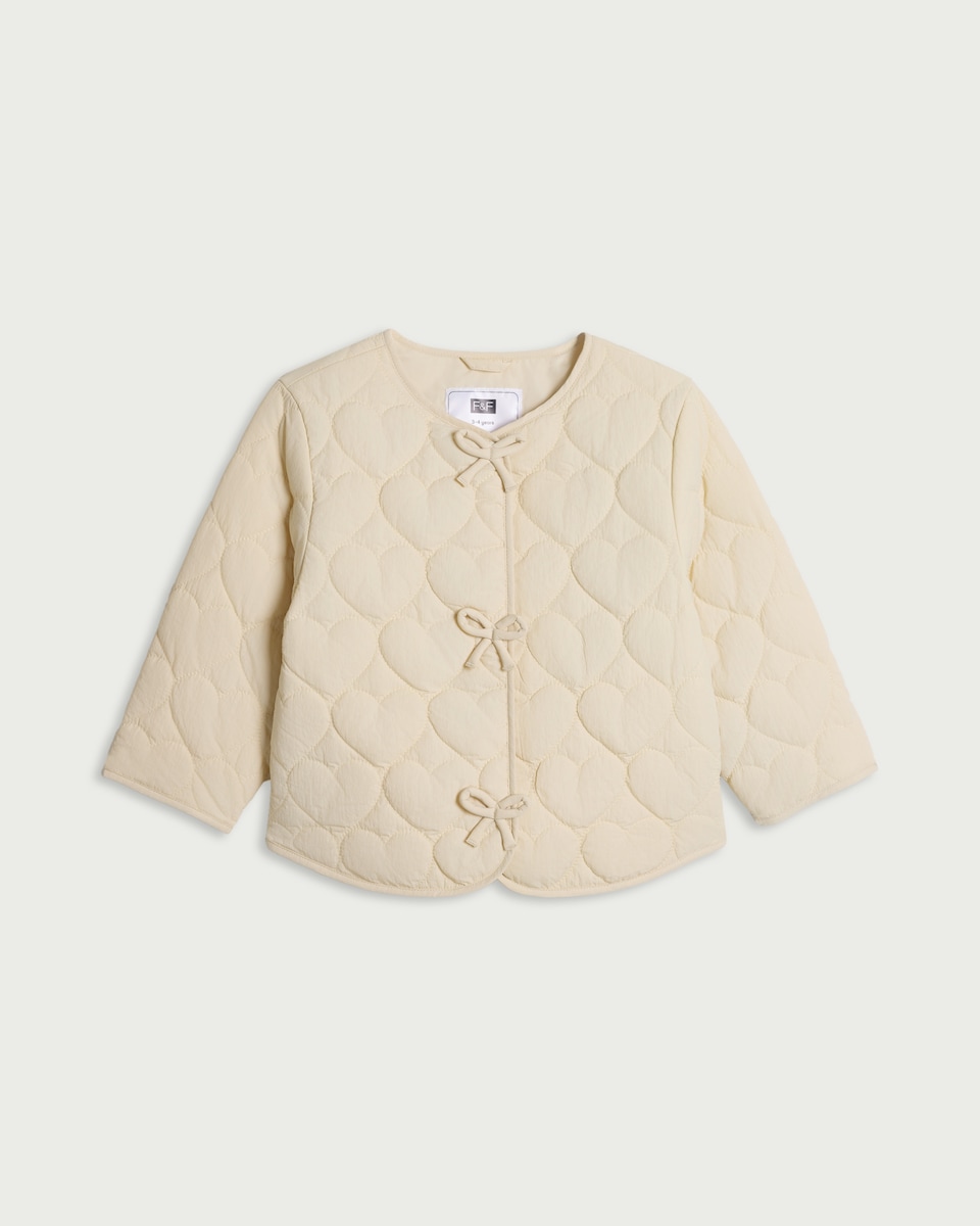 image 1 of F&F Girls Quilted Bow Front Jacket in Cream