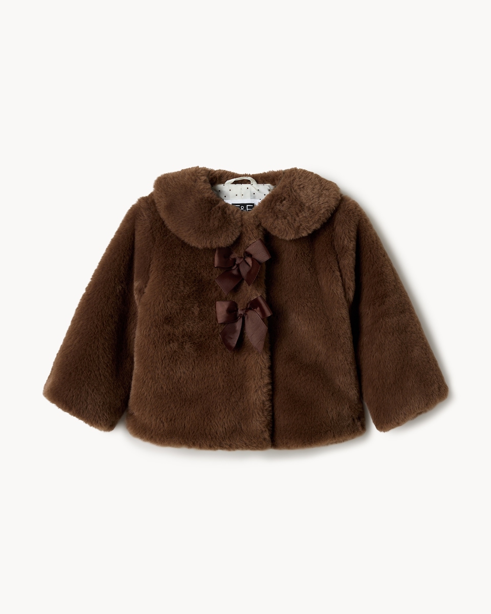image 1 of F&F Baby Faux Fur Bow Coat in Brown