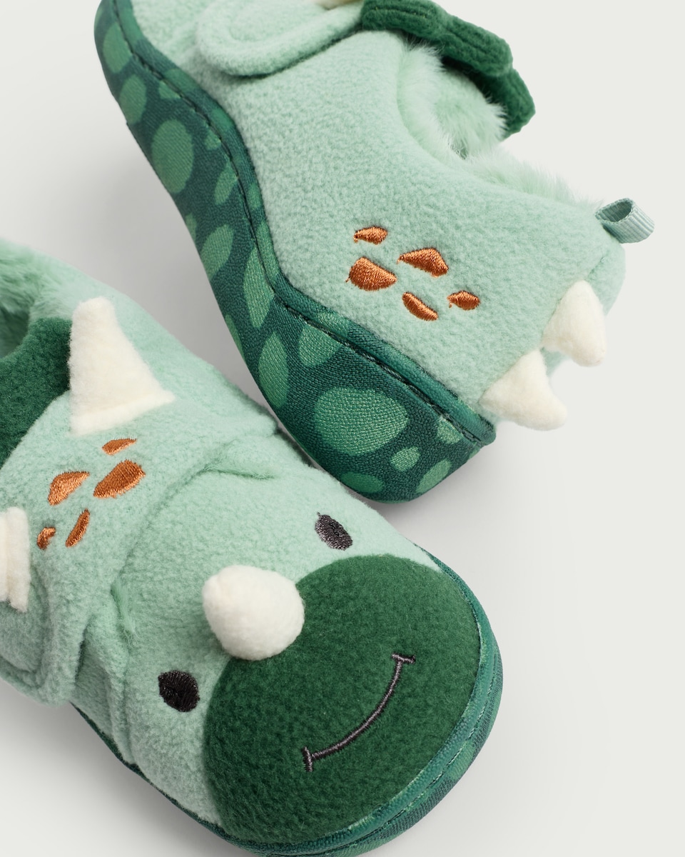 image 1 of F&F Boys Dinosaur Cupsole Slippers in Green