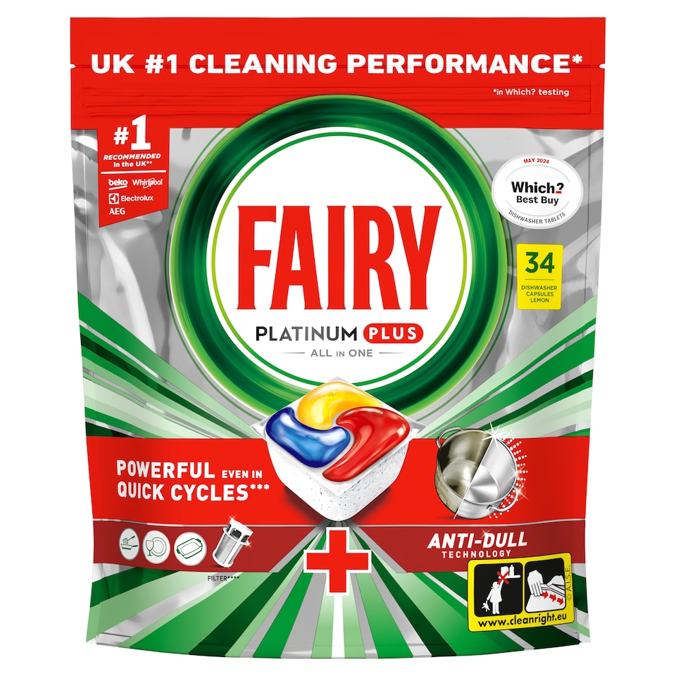 image 1 of Fairy Platinum Plus 34 Lemon Dishwasher Tablets 527G