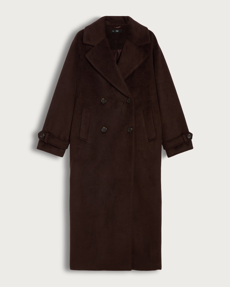 F&F Double Breasted Long Coat with Wool in Brown