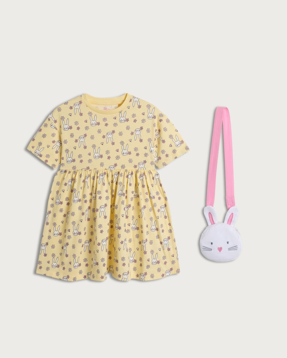 F&F Girls 2-Piece Pure Cotton Bunny Print Dress and Bag Set in Multi Yellow