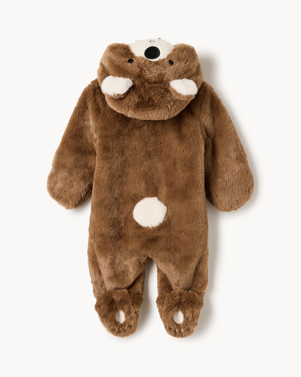 image 1 of F&F Baby Faux Fur Bear Hooded Pramsuit in Brown