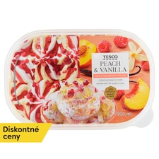 Tesco Mrazený krém broskyňový a mrazený krém s extraktom bourbon vanilky s kúskami malín 900 ml