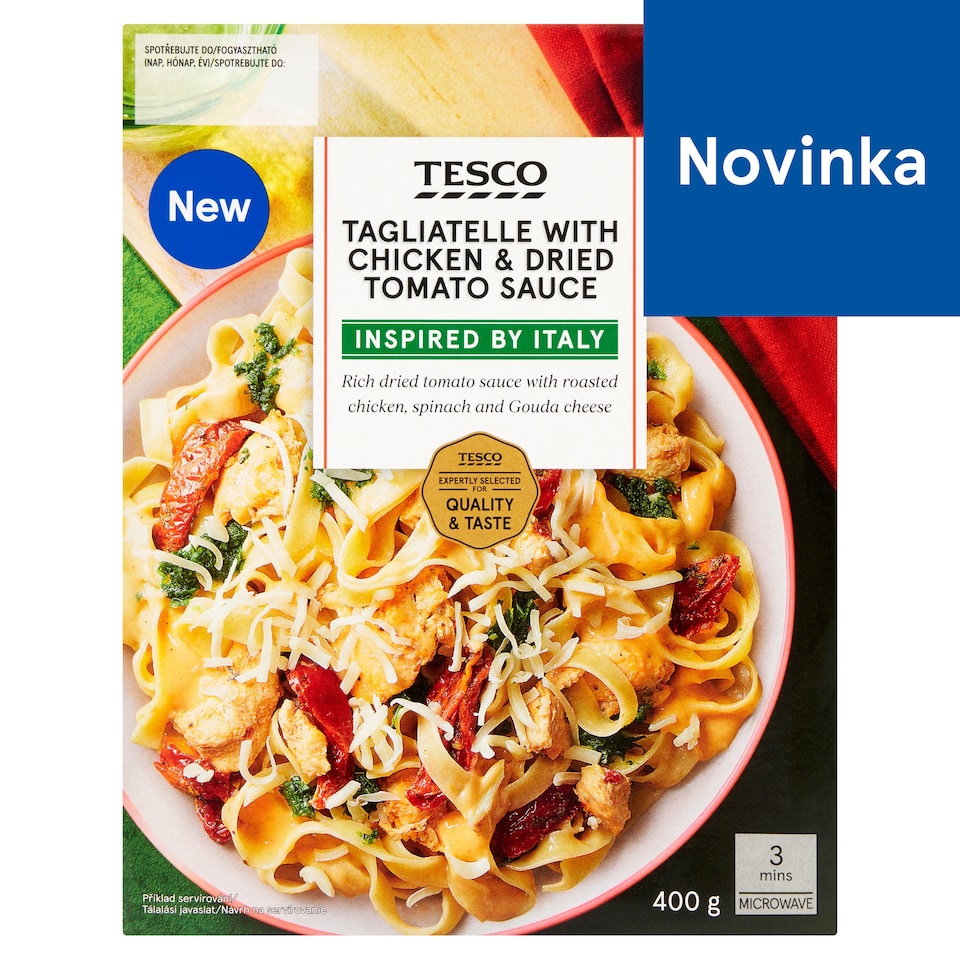 Tesco Varené cestoviny s omáčkou s polosušenými paradajkami, kuracími prsiami, špenátom 400 g
