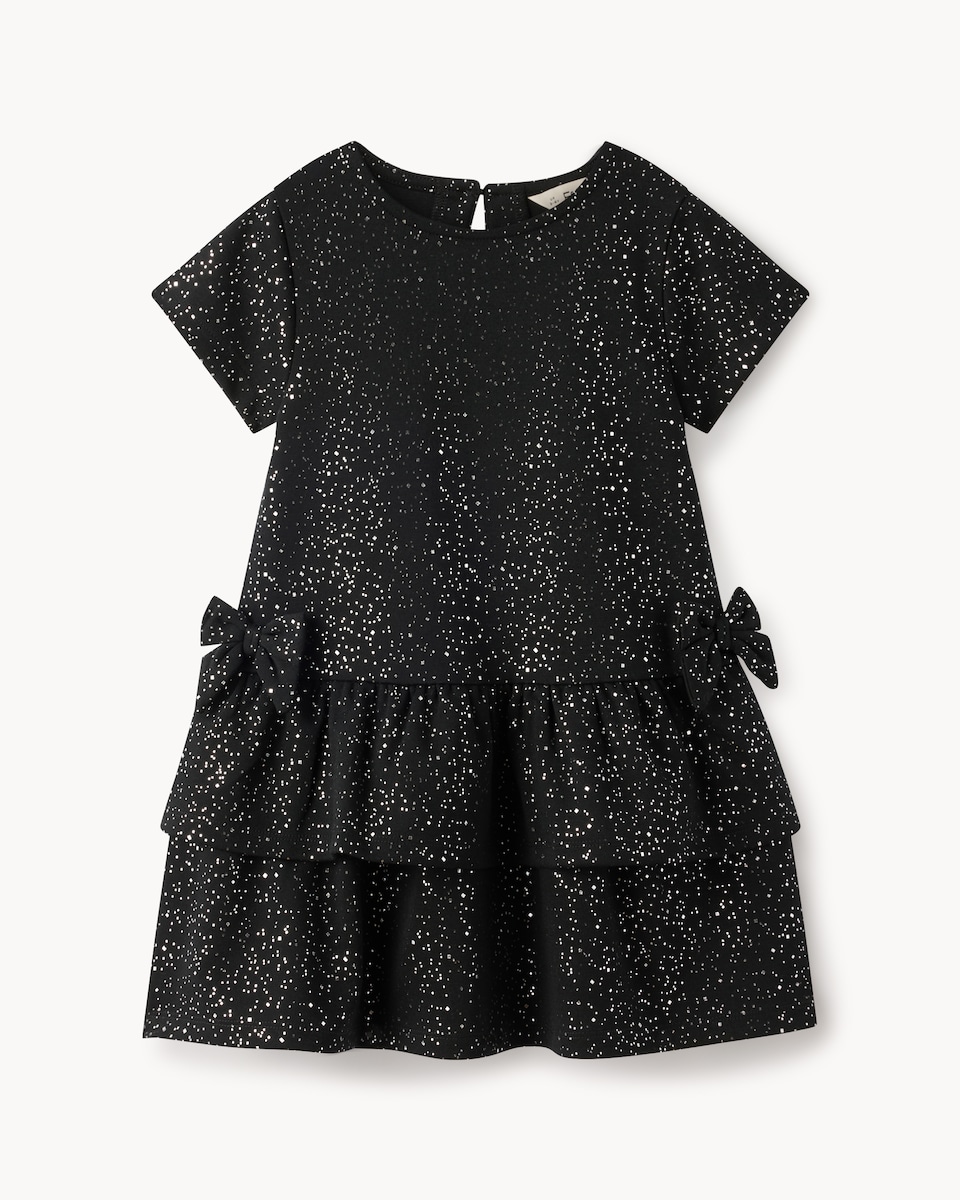 image 1 of F&F Girls Glitter Tiered Dress in Black