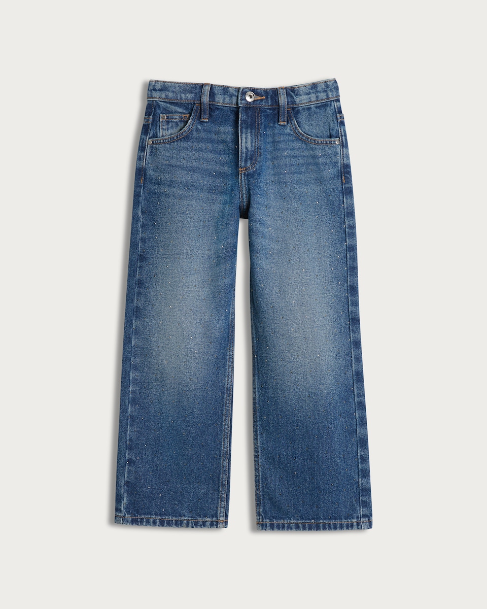 image 1 of F&F Girls Embellished Wide Leg Jeans in Dark Blue