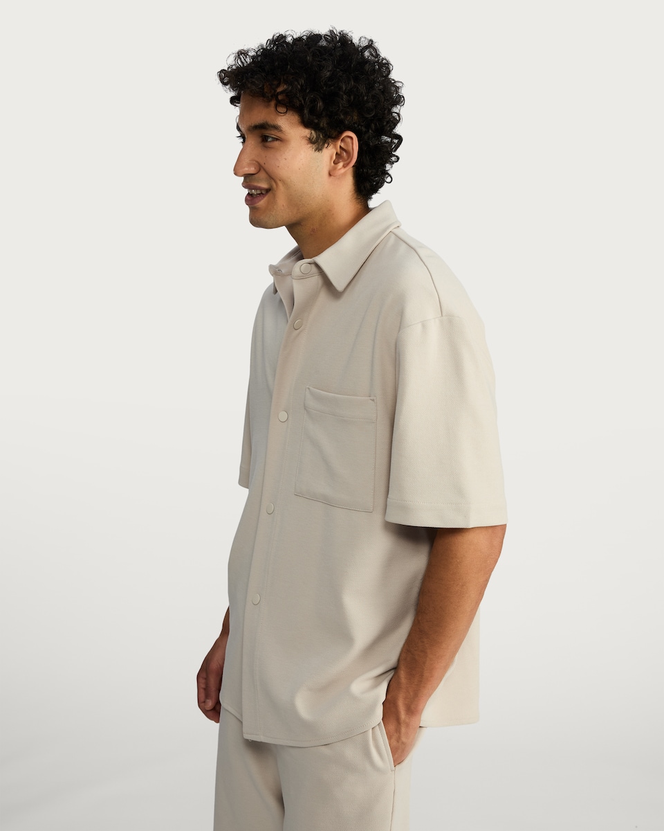 image 1 of F&F Textured Pique Short Sleeved Button Front Shirt in Sand