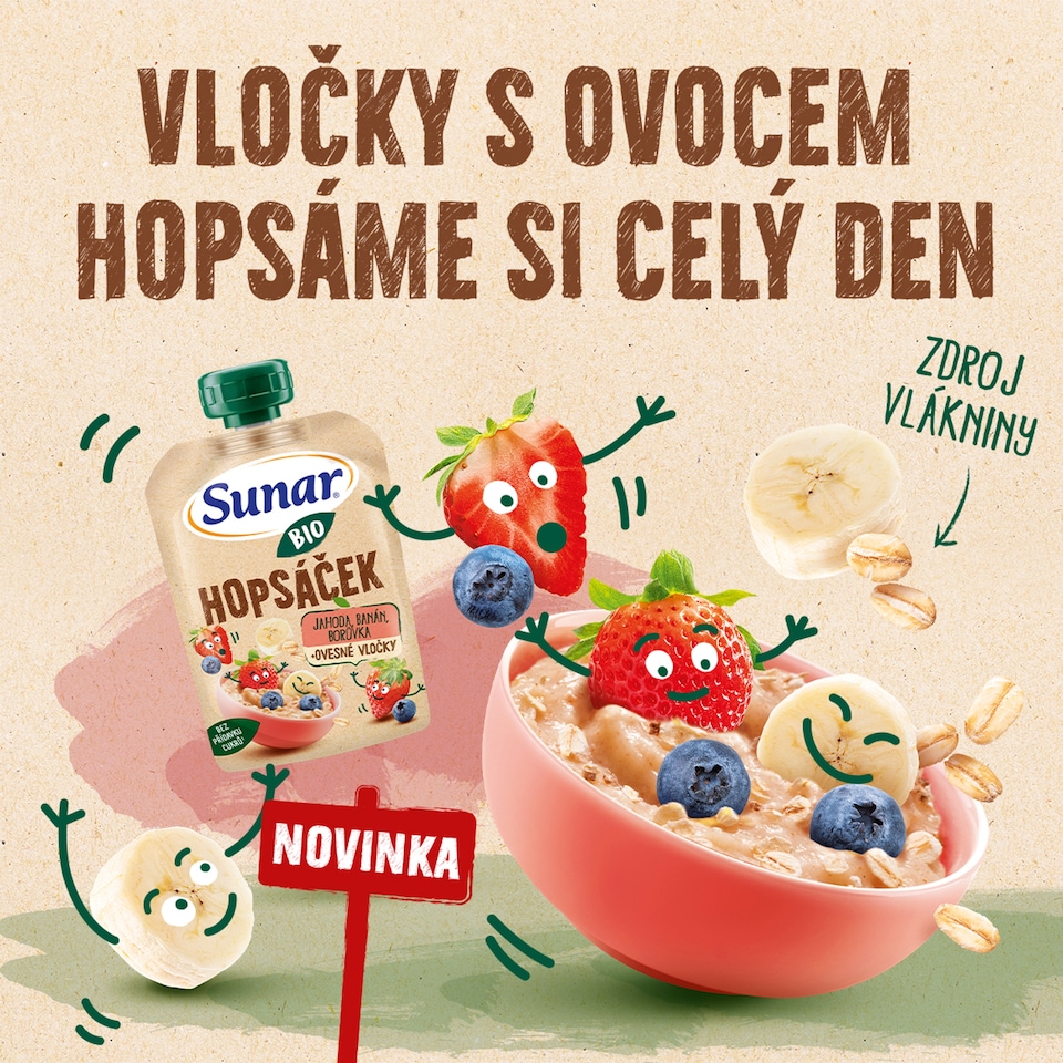 Obrázek 1 pro produkt Sunar BIO ovocná kapsička Hopsáček jahoda, banán, borůvka a ovesné vločky 100g