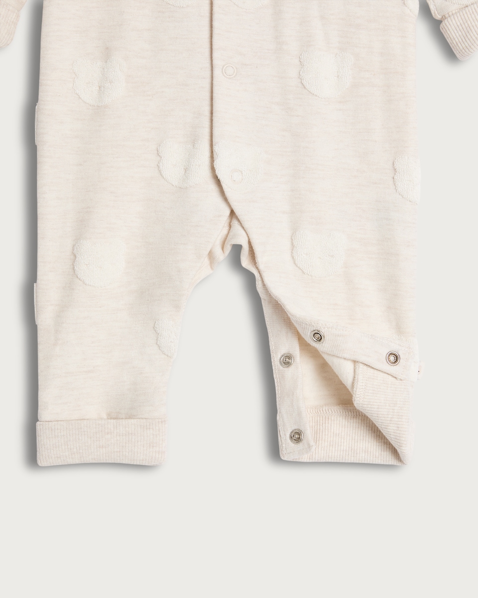image 1 of F&F Baby Pure Cotton Textured Bear Pattern Sleepsuit in Neutral
