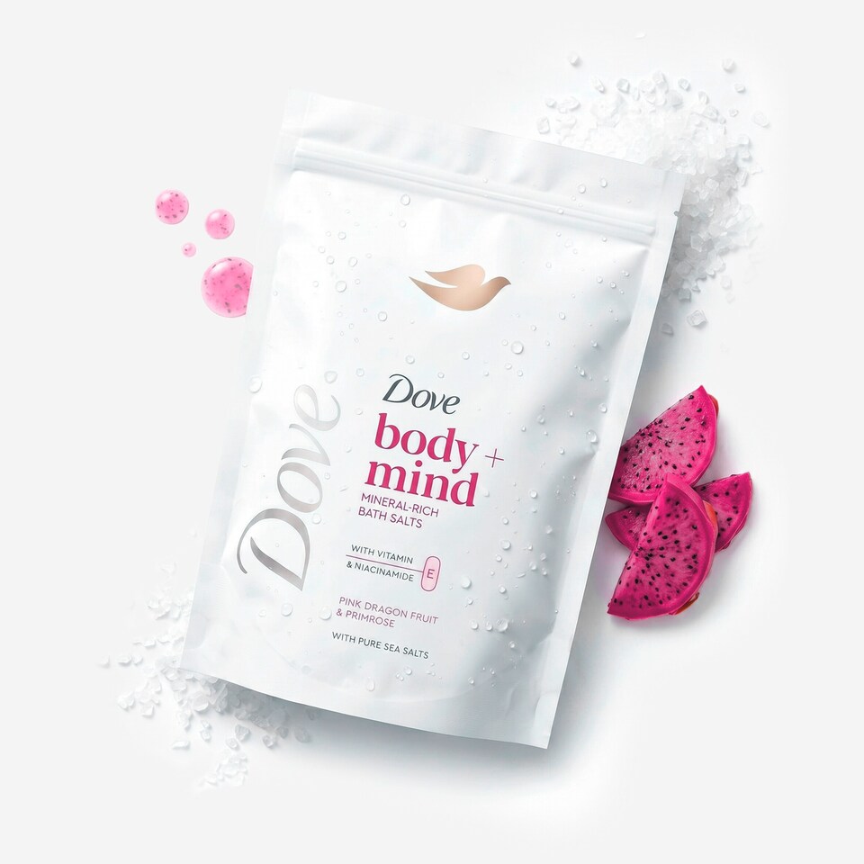 image 1 of Dove Body + Mind Pink Dragonfruit & Primrose Bath Salts 400g