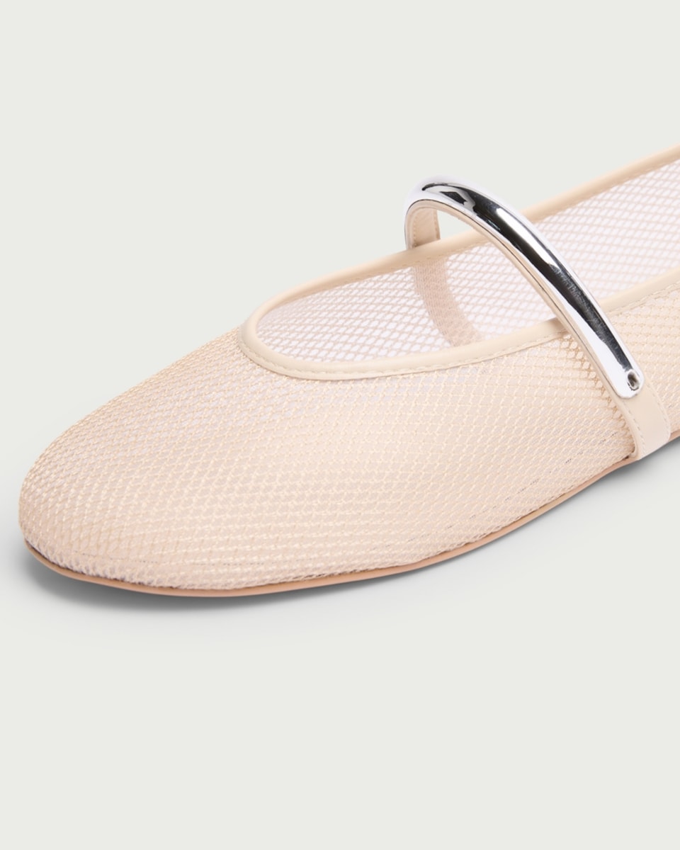 image 1 of SACHA Mesh Metallic Strap Ballet Flats in Cream