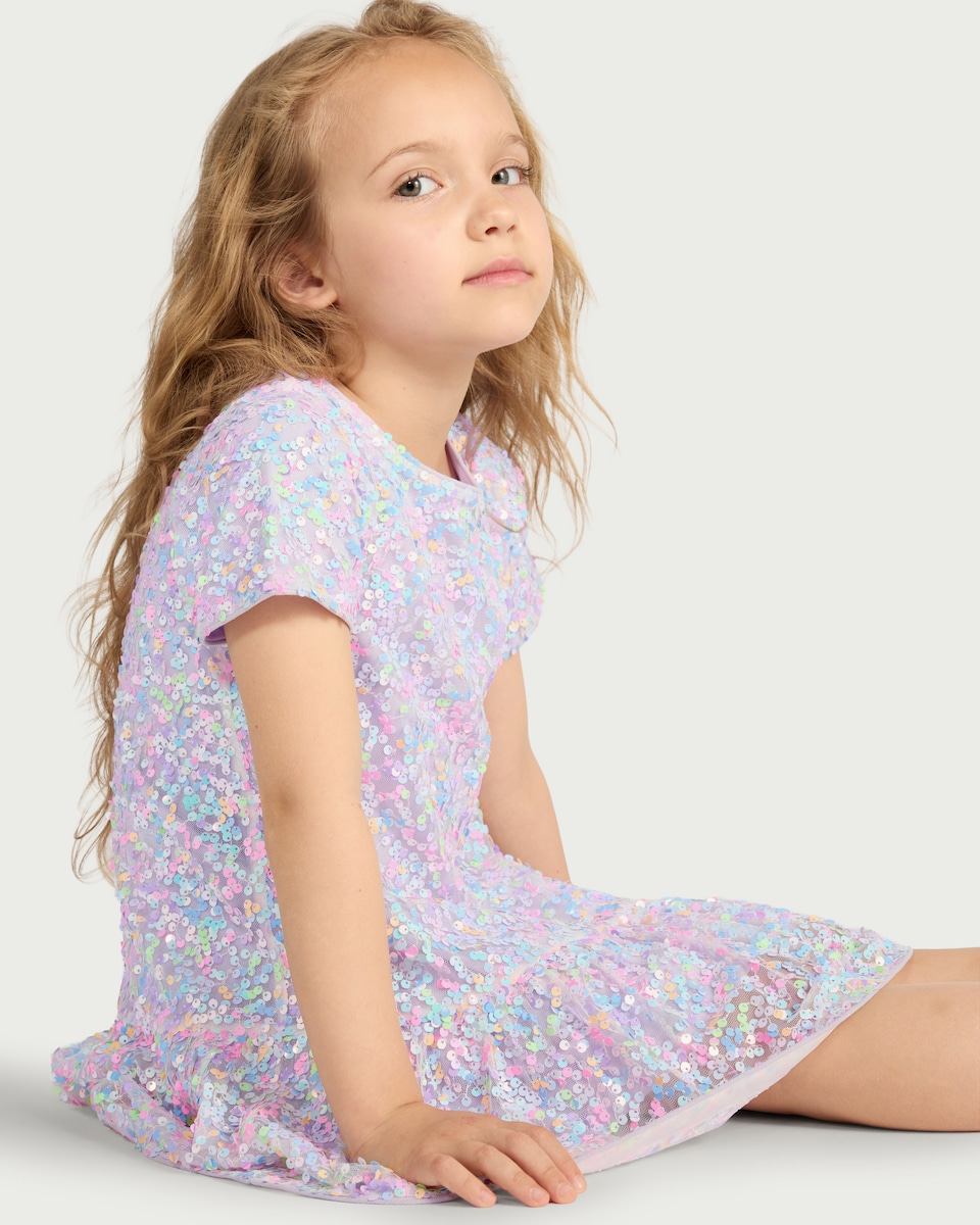 image 1 of F&F Girls Sequin Short Sleeved Dress in Lilac