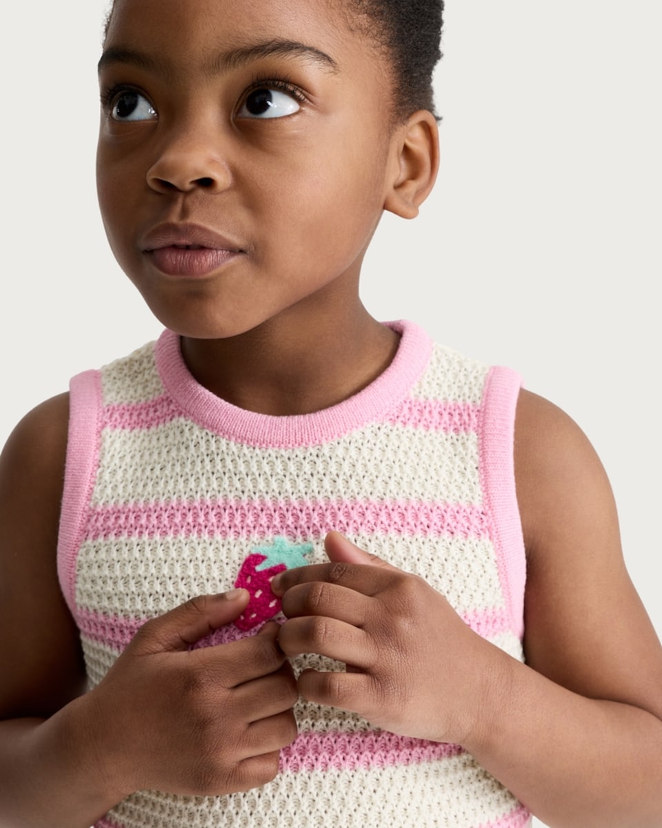 image 1 of F&F Girls 2-Piece Pure Cotton Knitted Strawberry Striped Vest and Shorts Set in Pink